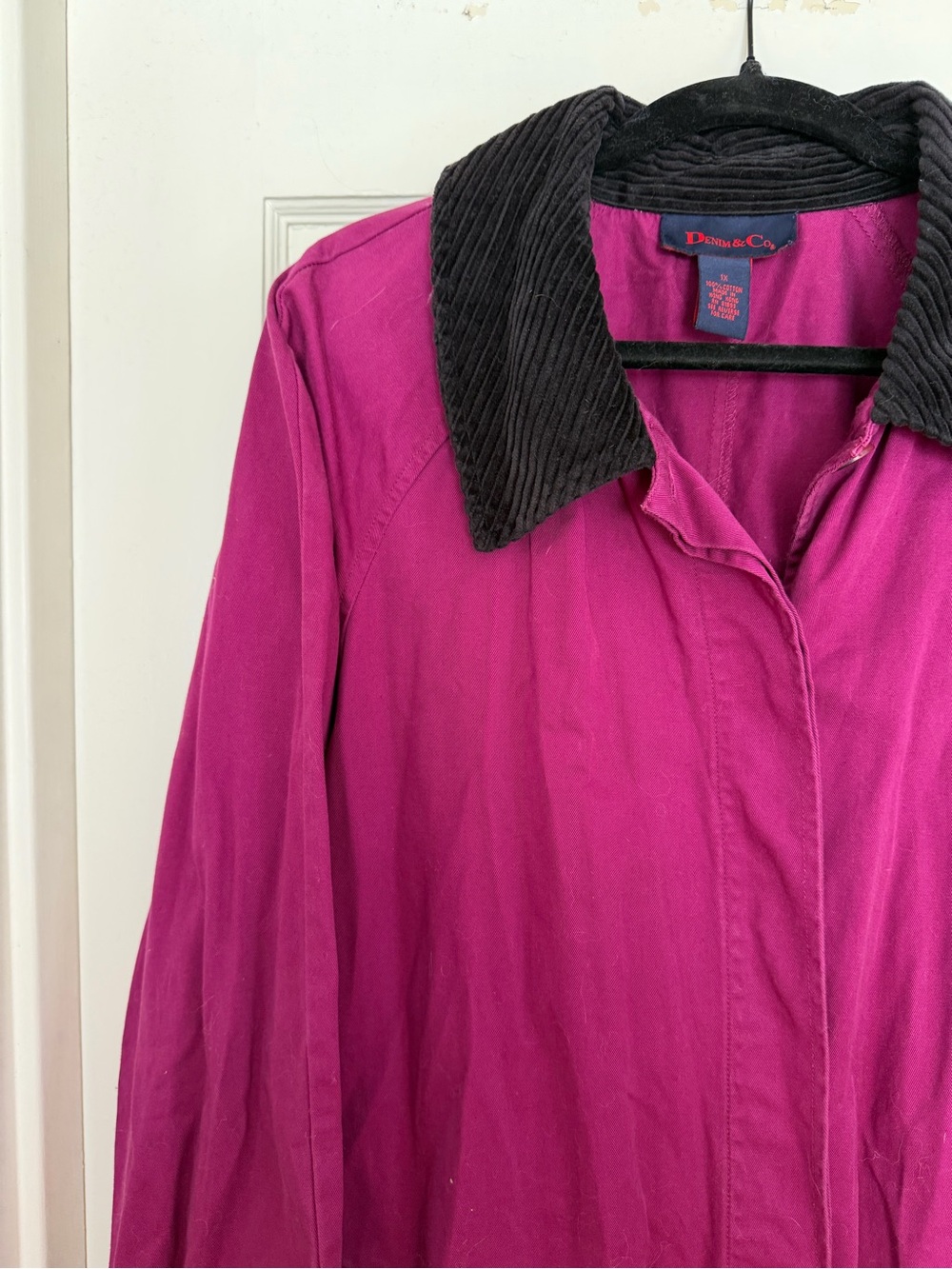 Denim&Co magenta car coat w black corduroy trim